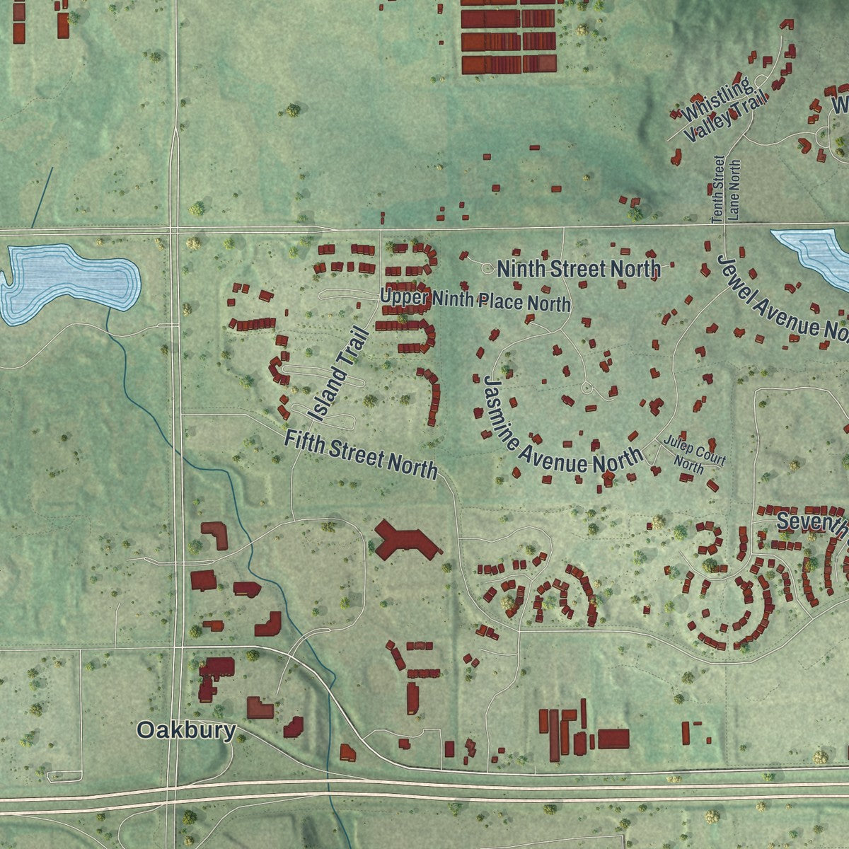 Close-up of the map of Lake Elmo, Minnesota print showing street and building detail