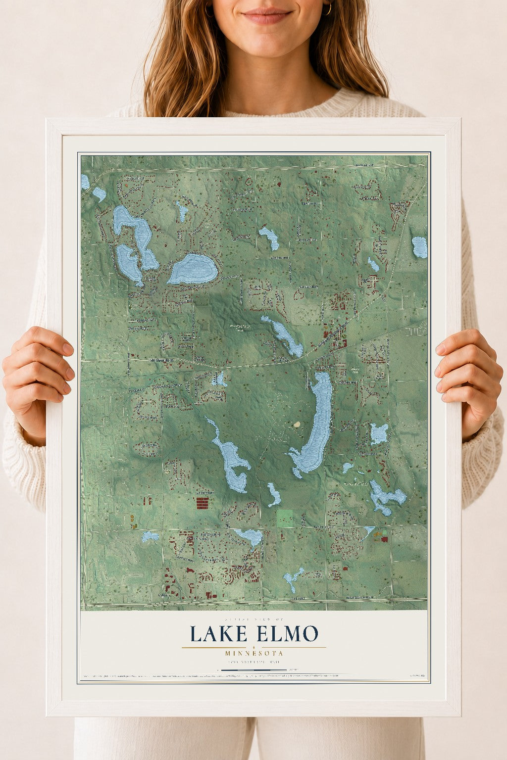 Map of Lake Elmo, Minnesota, 18 x 24 inch print in a white wood frame