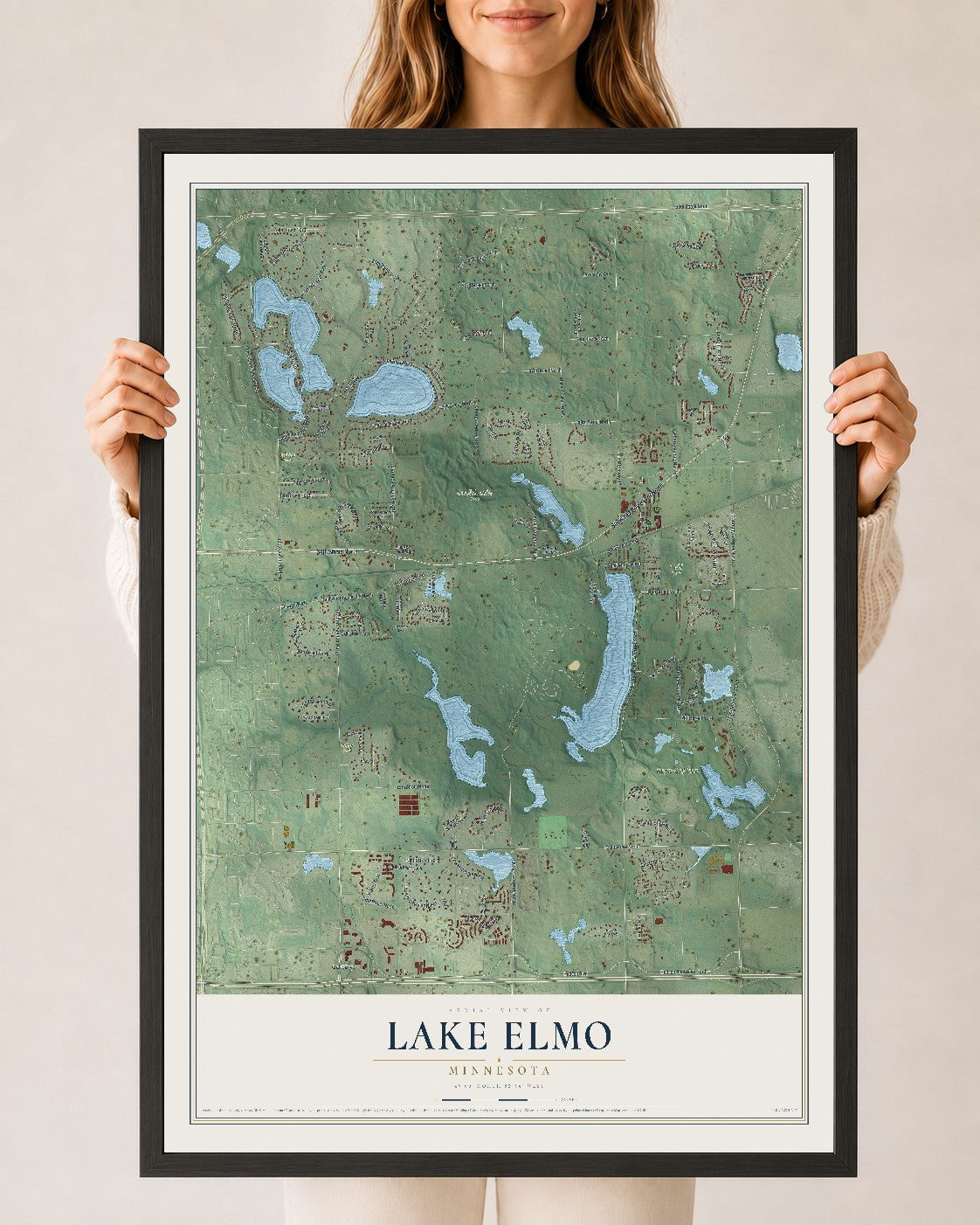 Map of Lake Elmo, Minnesota, 24 x 36 inch print in a black wood frame