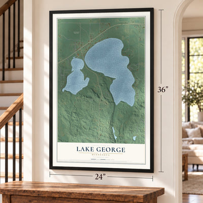 Lake George, Minnesota map, 24 x 36 inch print in a black frame by a staircase