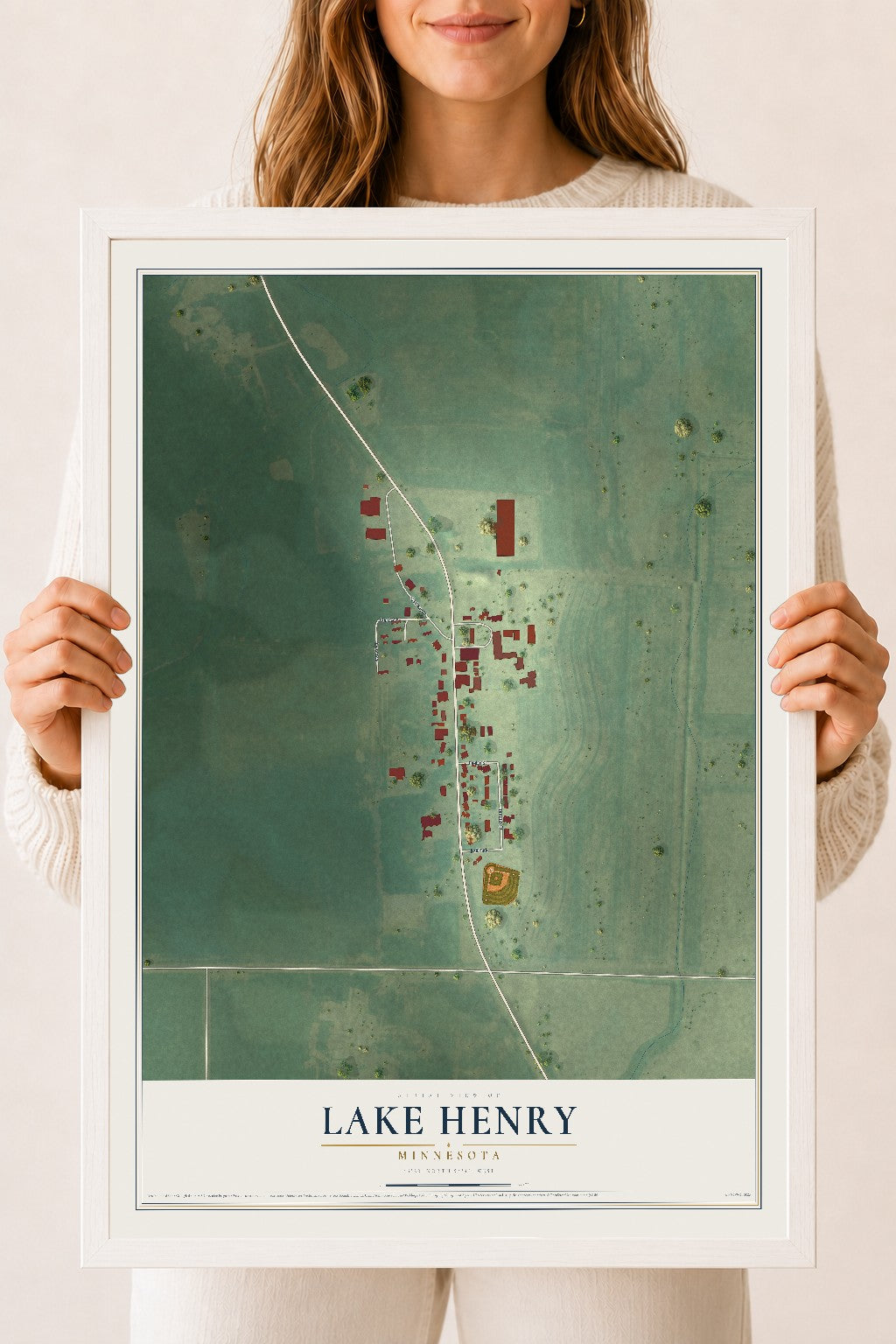 Map of Lake Henry, Minnesota, 18 x 24 inch print in a white wood frame