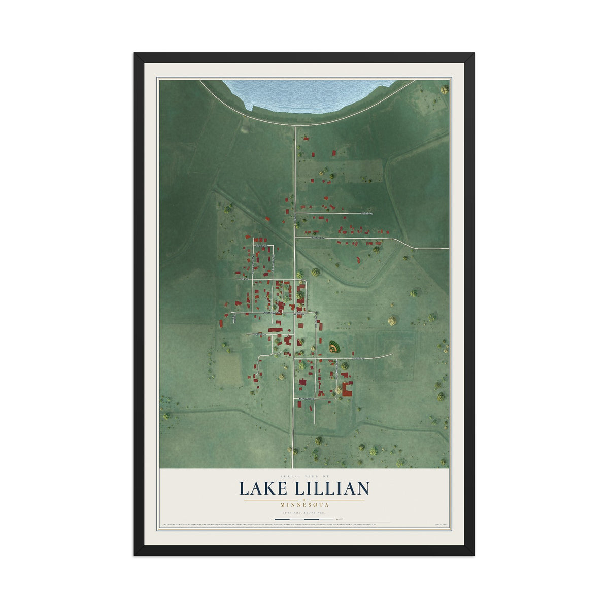 Map of Lake Lillian, Minnesota, 12 x 18 inch print in a black wood frame