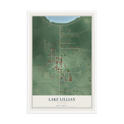 Map of Lake Lillian, Minnesota, 12 x 18 inch print in a white wood frame