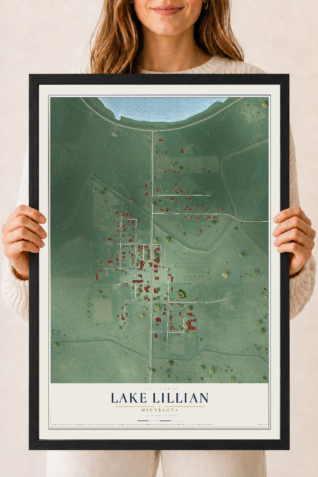 Map of Lake Lillian, Minnesota, 18 x 24 inch print in a black wood frame