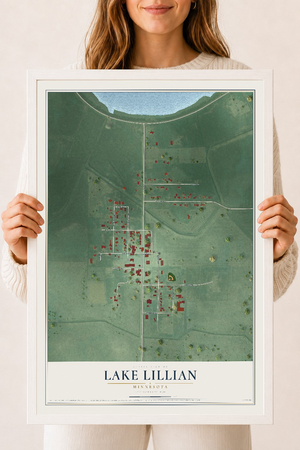 Map of Lake Lillian, Minnesota, 18 x 24 inch print in a white wood frame