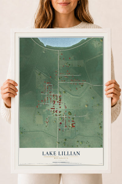 Map of Lake Lillian, Minnesota, 18 x 24 inch print in a white wood frame
