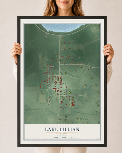Map of Lake Lillian, Minnesota, 24 x 36 inch print in a black wood frame