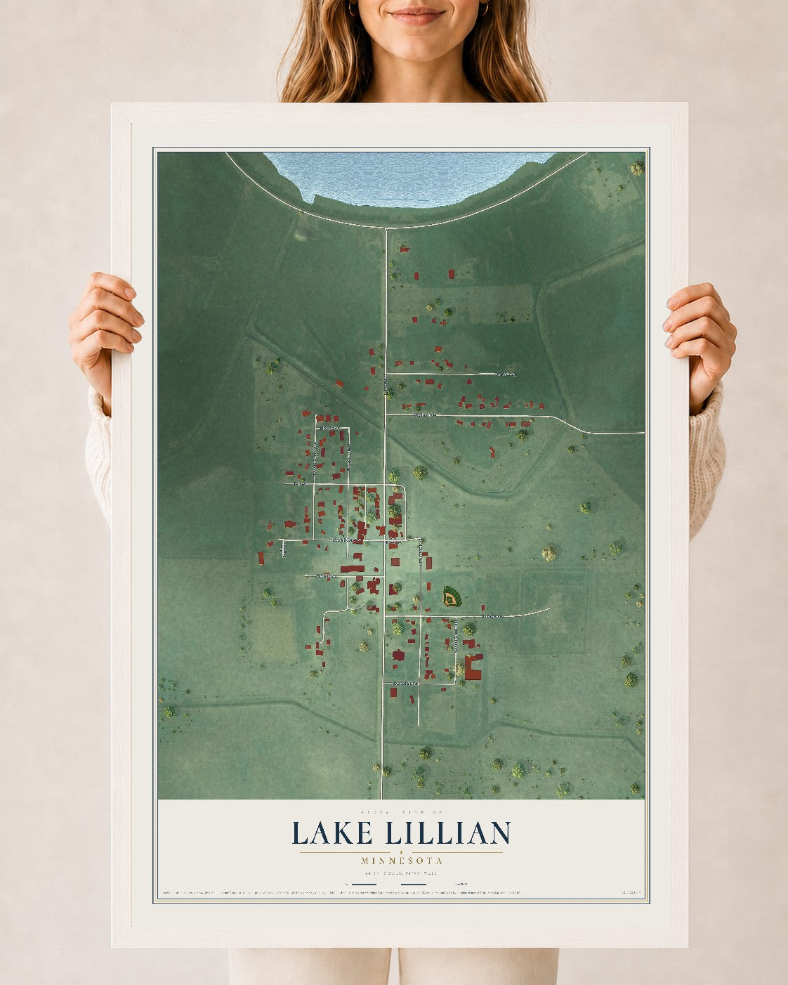 Map of Lake Lillian, Minnesota, 24 x 36 inch print in a white wood frame