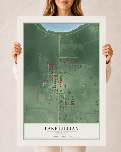 Map of Lake Lillian, Minnesota, 24 x 36 inch print in a white wood frame