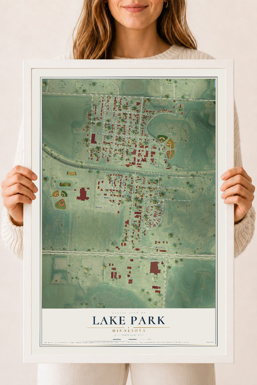 Map of Lake Park, Minnesota, 18 x 24 inch print in a white wood frame