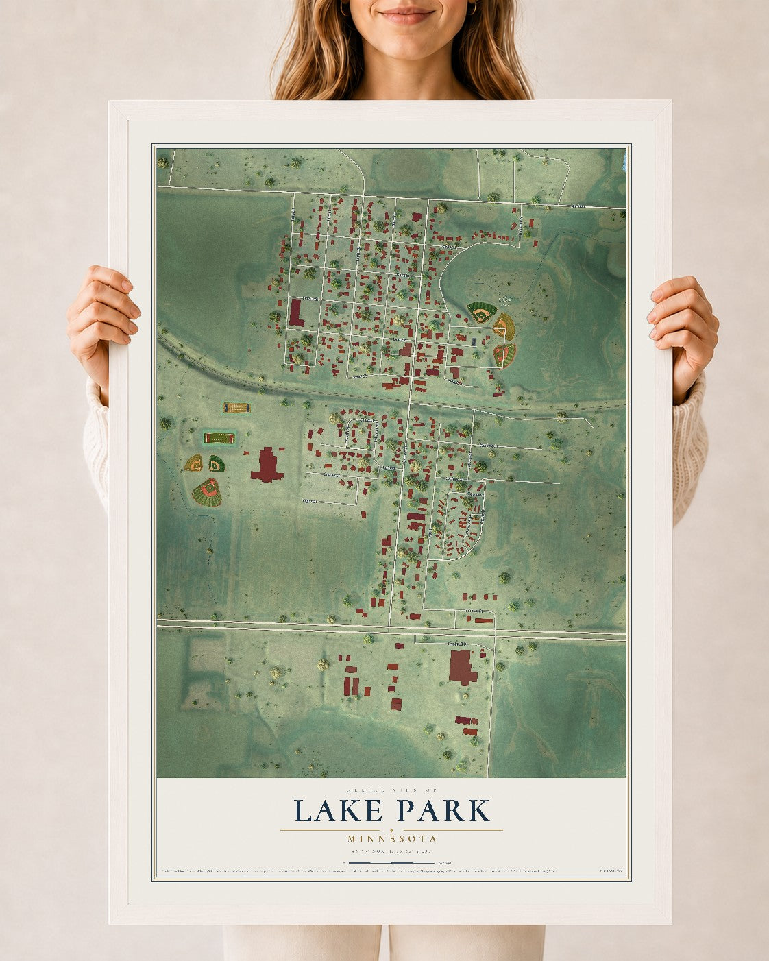Map of Lake Park, Minnesota, 24 x 36 inch print in a white wood frame