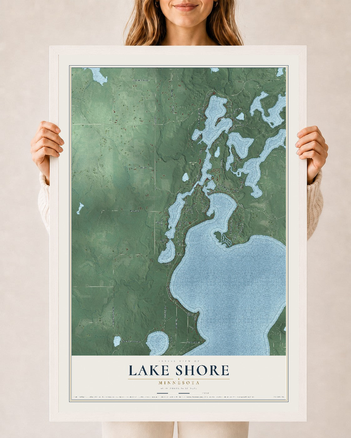 Map of Lake Shore, Minnesota, 24 x 36 inch print in a white wood frame