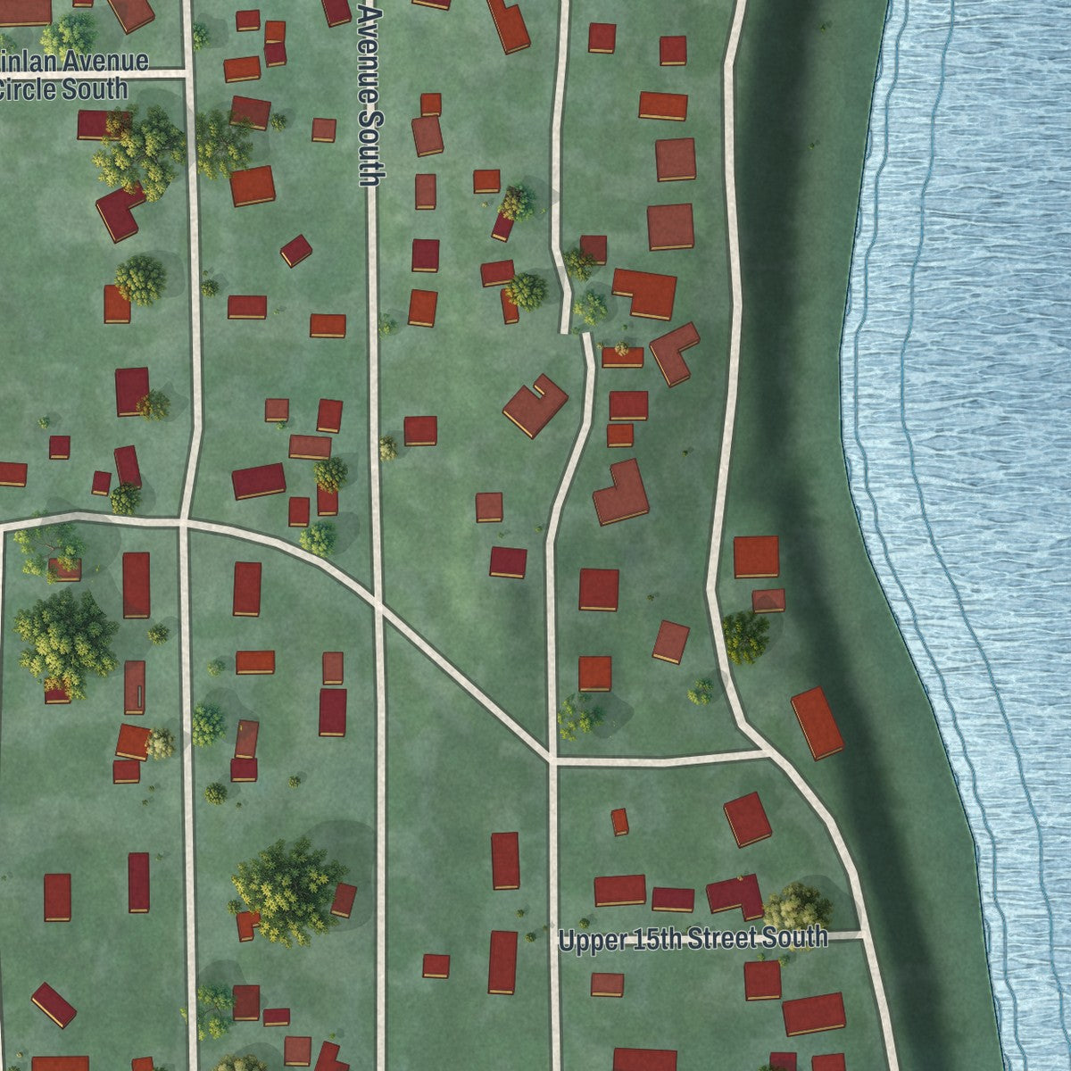 Close-up of the map of Lake St. Croix Beach, Minnesota print showing street and building detail