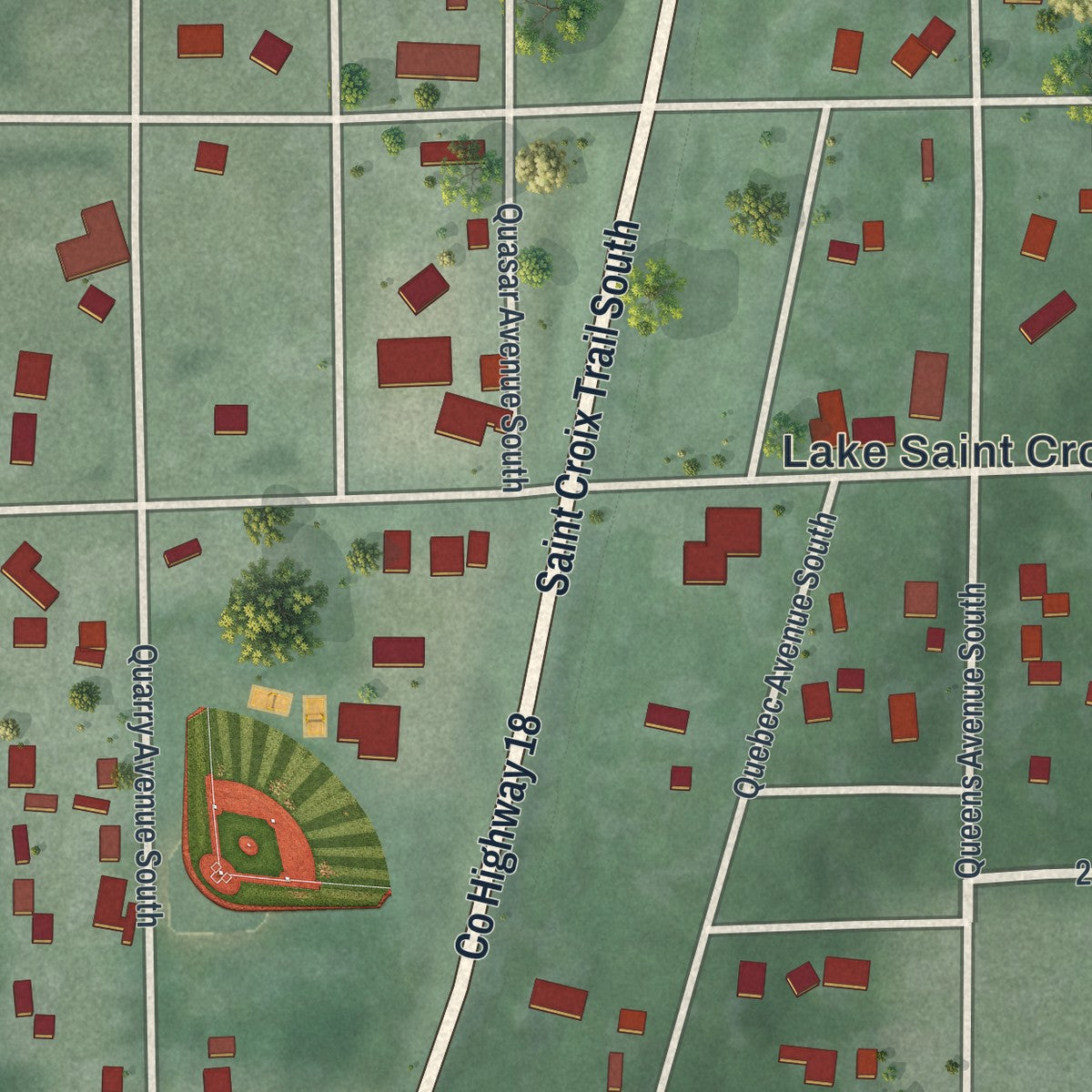 Second close-up of the map of Lake St. Croix Beach, Minnesota print showing more streets and buildings