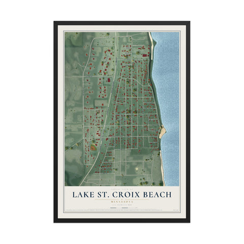 Map of Lake St. Croix Beach, Minnesota, 12 x 18 inch print in a black wood frame
