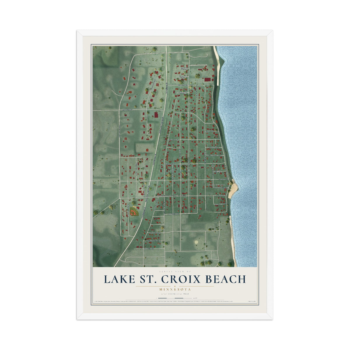 Map of Lake St. Croix Beach, Minnesota, 12 x 18 inch print in a white wood frame