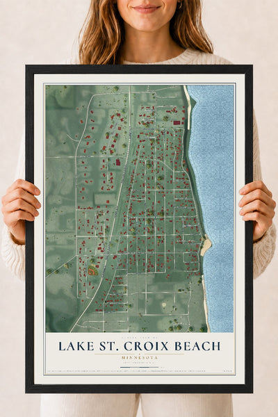 Map of Lake St. Croix Beach, Minnesota, 18 x 24 inch print in a black wood frame