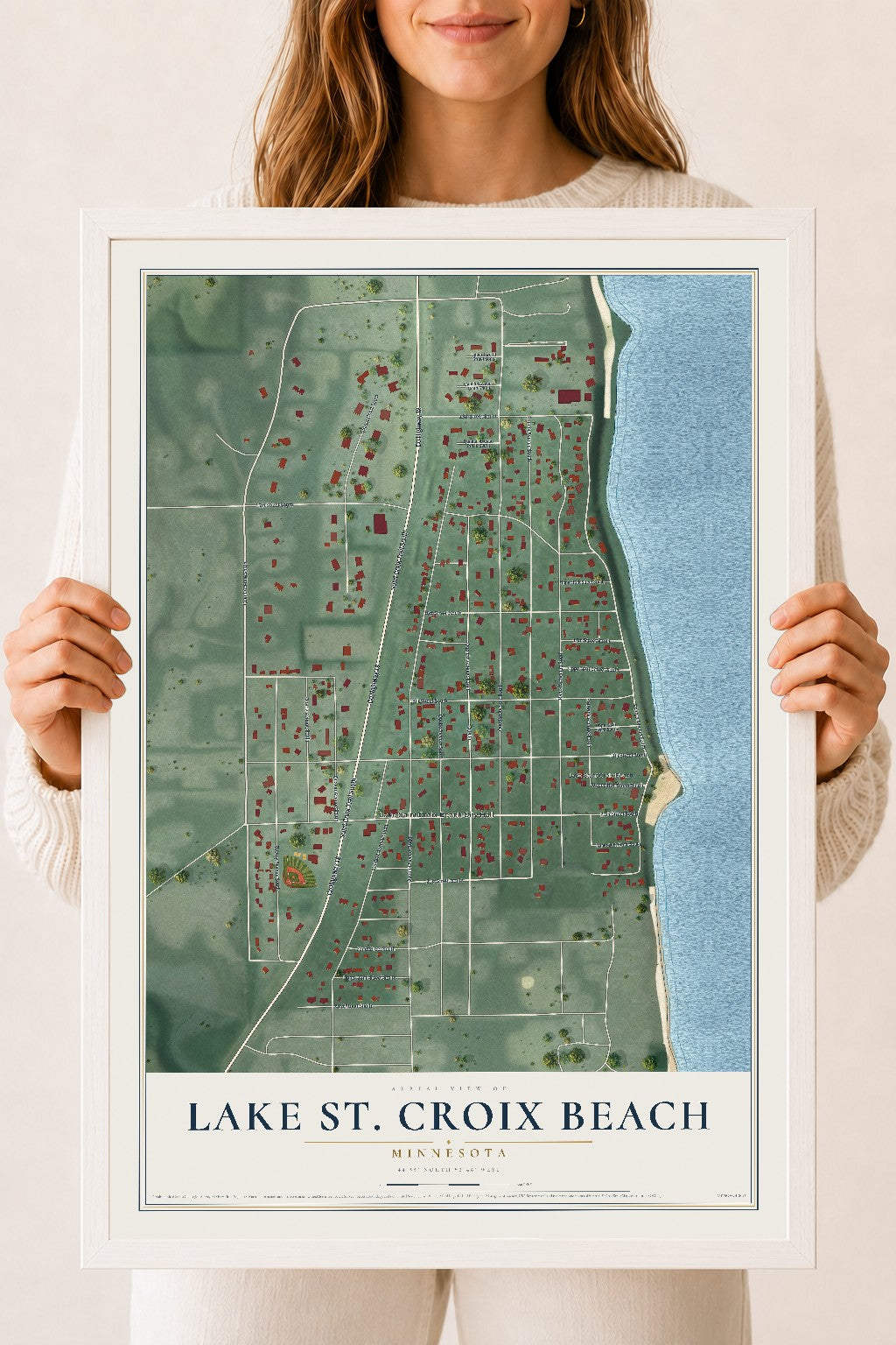 Map of Lake St. Croix Beach, Minnesota, 18 x 24 inch print in a white wood frame