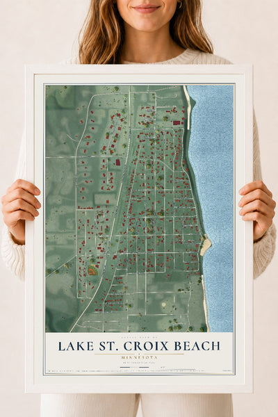 Map of Lake St. Croix Beach, Minnesota, 18 x 24 inch print in a white wood frame