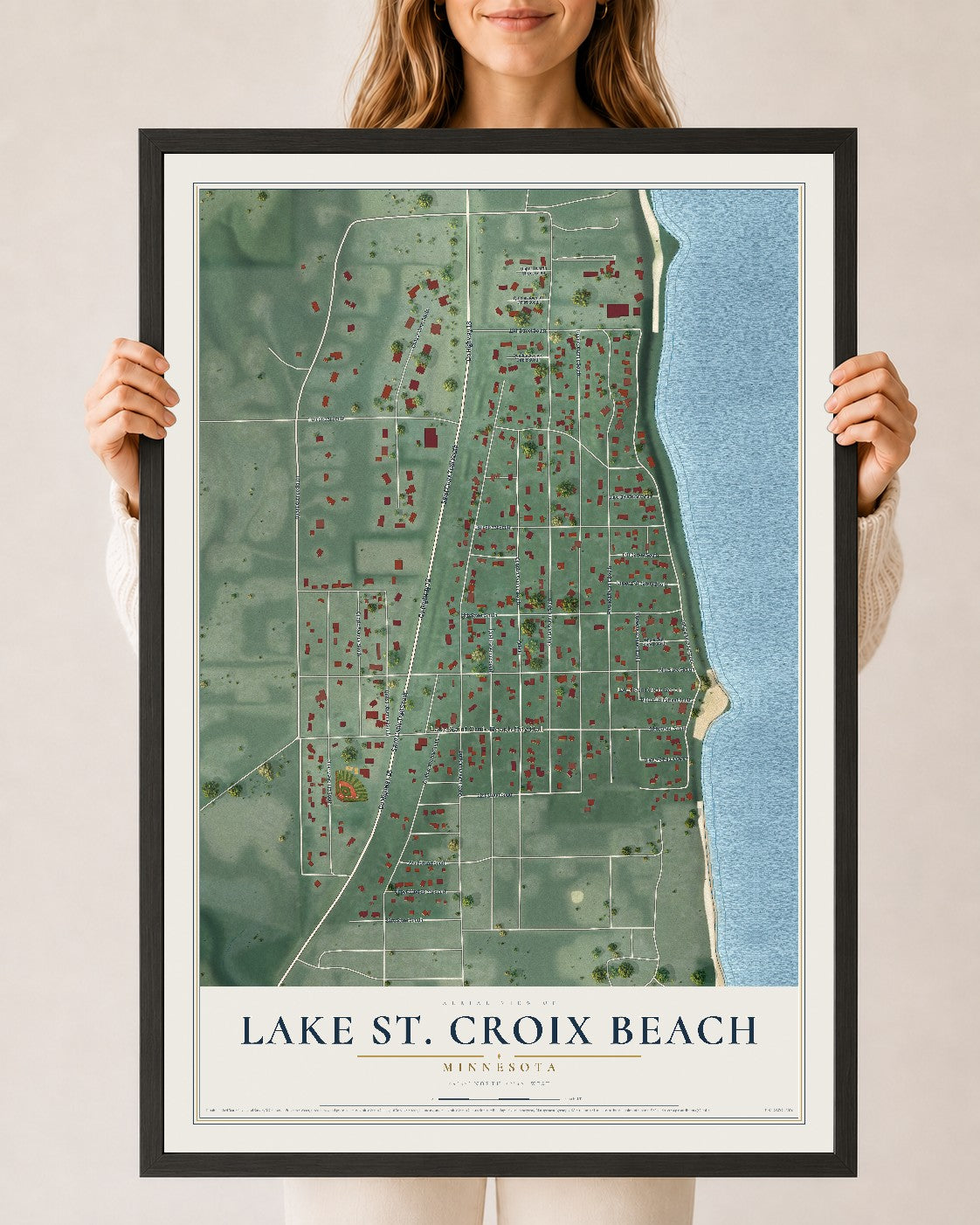 Map of Lake St. Croix Beach, Minnesota, 24 x 36 inch print in a black wood frame