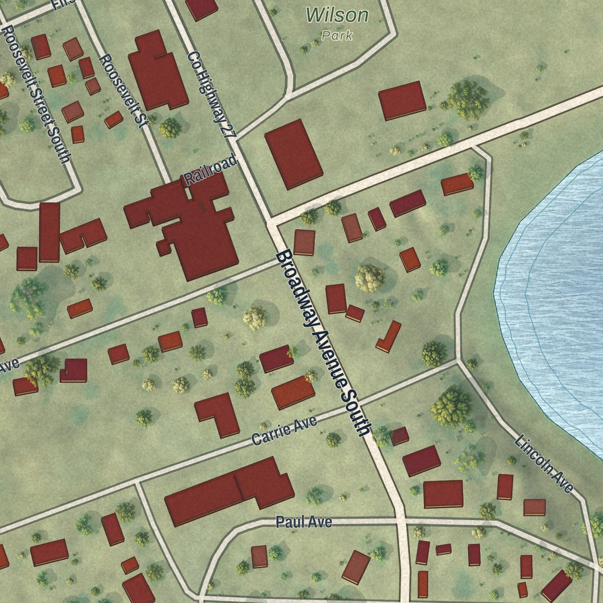 Close-up of the map of Lake Wilson, Minnesota print showing street and building detail