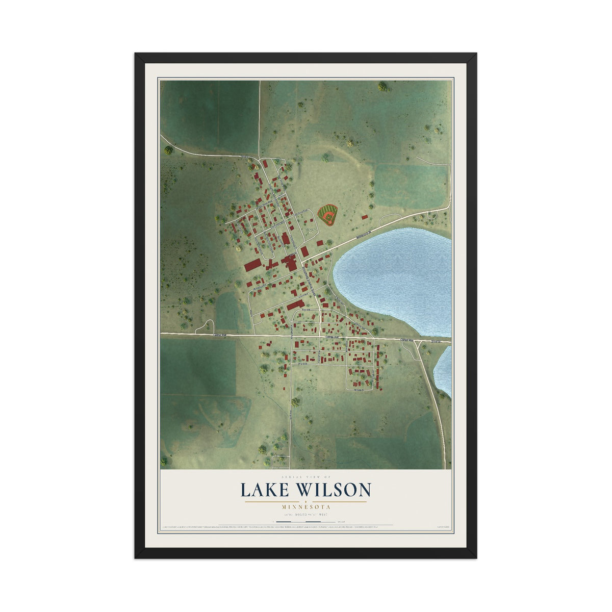 Map of Lake Wilson, Minnesota, 12 x 18 inch print in a black wood frame