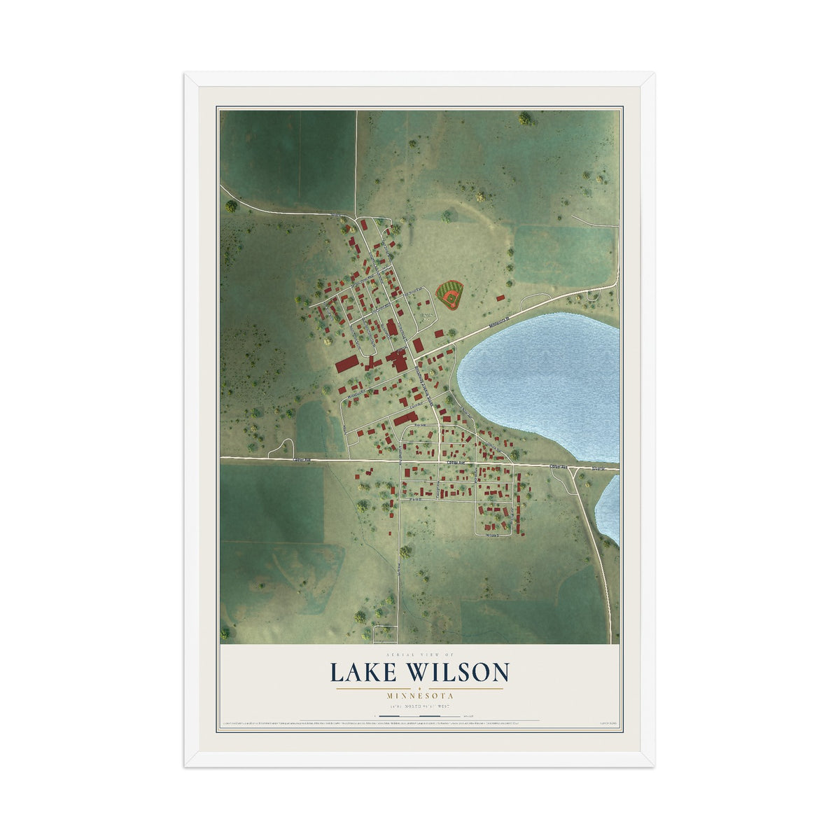Map of Lake Wilson, Minnesota, 12 x 18 inch print in a white wood frame