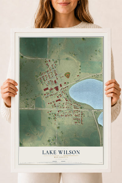 Map of Lake Wilson, Minnesota, 18 x 24 inch print in a white wood frame