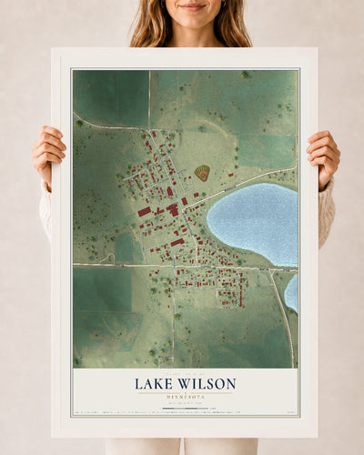 Map of Lake Wilson, Minnesota, 24 x 36 inch print in a white wood frame