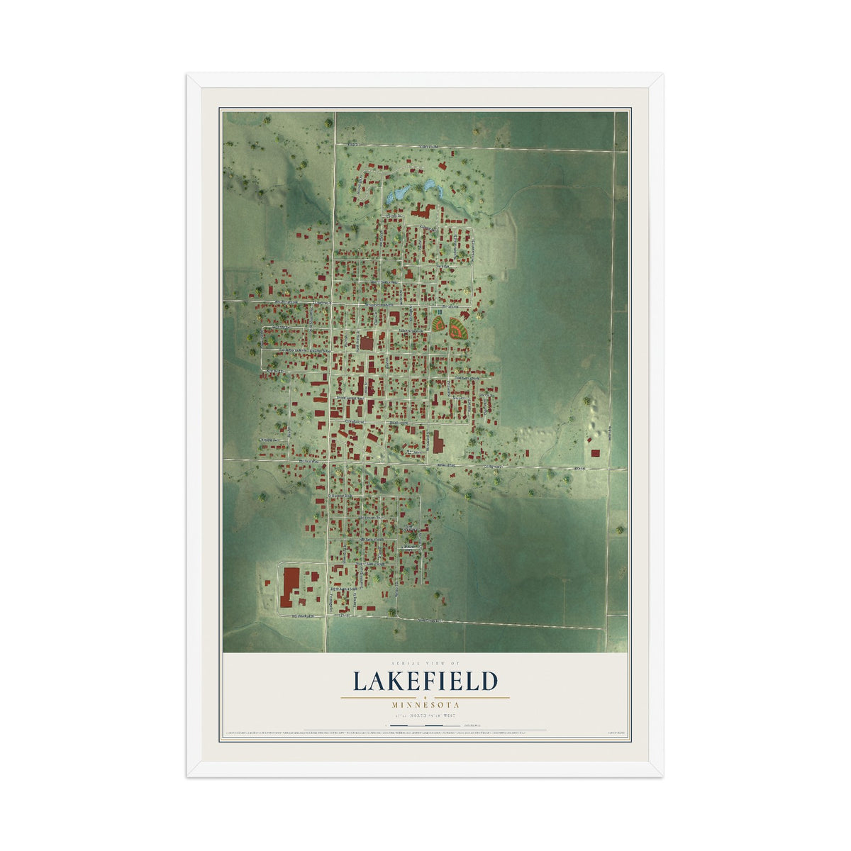 Map of Lakefield, Minnesota, 12 x 18 inch print in a white wood frame