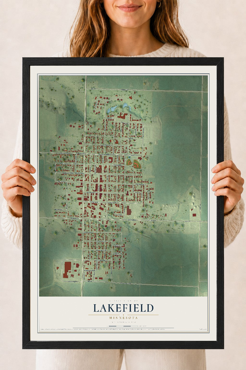 Map of Lakefield, Minnesota, 18 x 24 inch print in a black wood frame