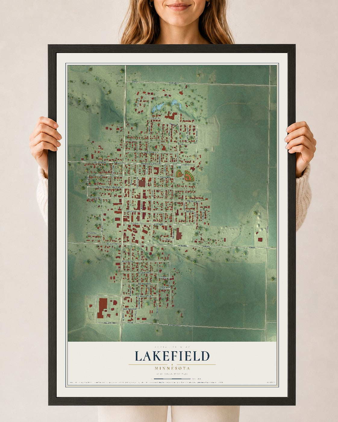 Map of Lakefield, Minnesota, 24 x 36 inch print in a black wood frame
