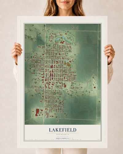 Map of Lakefield, Minnesota, 24 x 36 inch print in a white wood frame