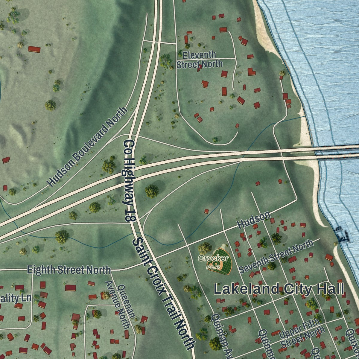 Close-up of the map of Lakeland, Minnesota print showing street and building detail