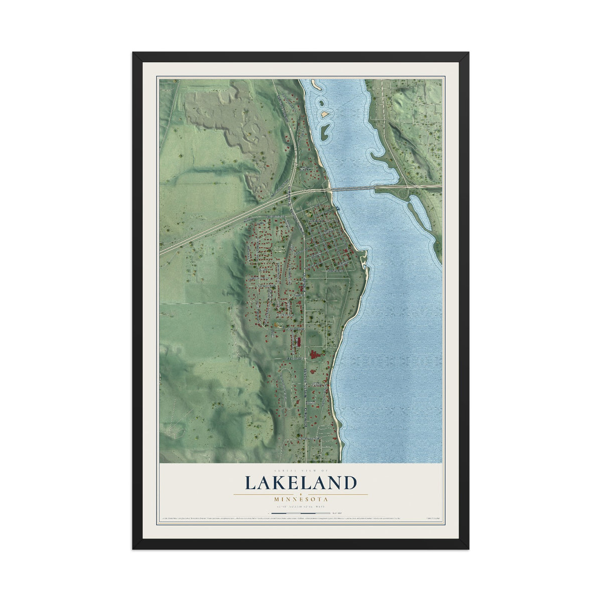 Map of Lakeland, Minnesota, 12 x 18 inch print in a black wood frame