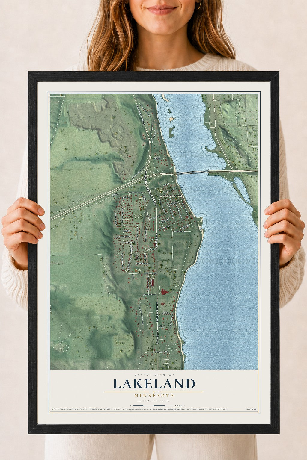 Map of Lakeland, Minnesota, 18 x 24 inch print in a black wood frame