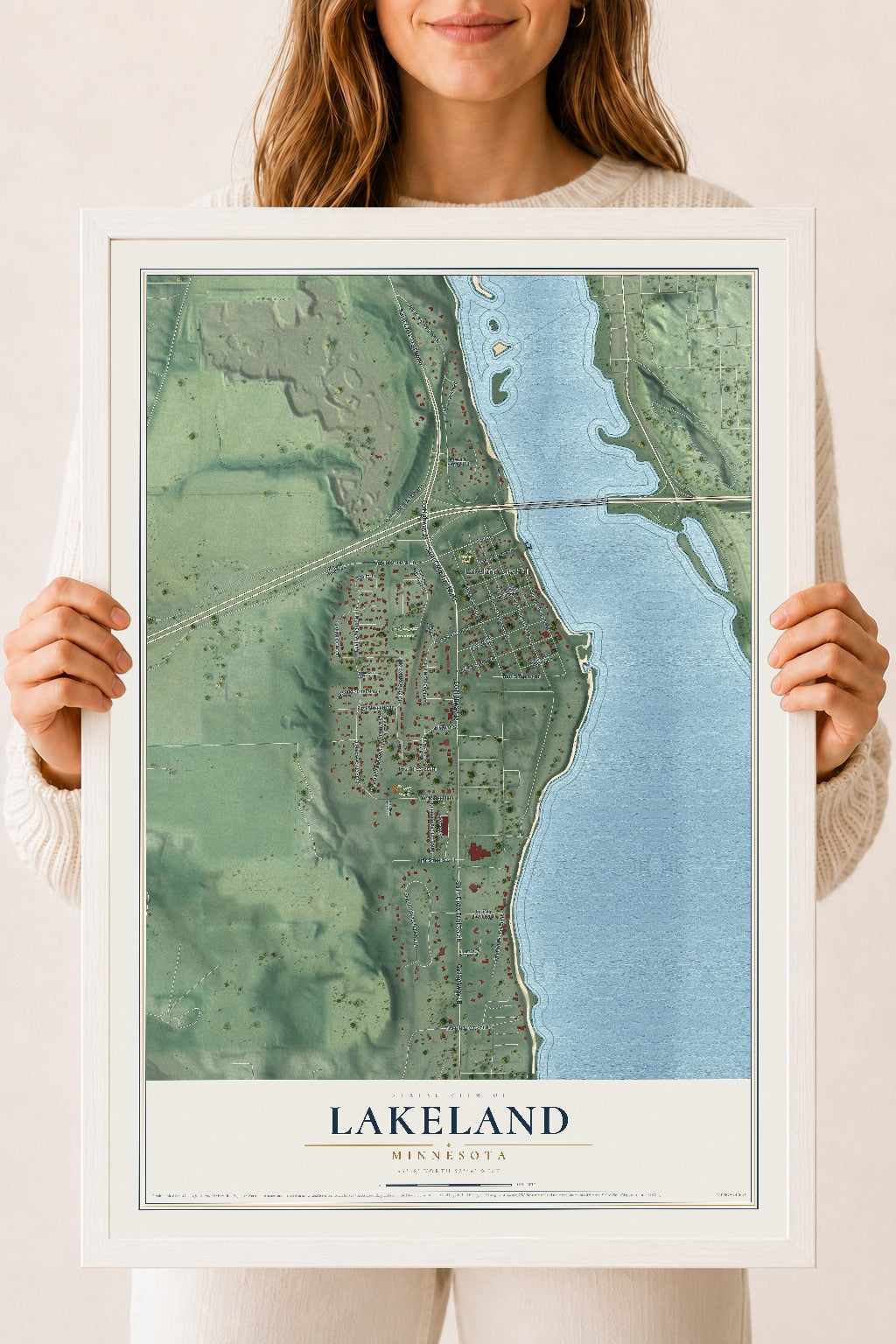 Map of Lakeland, Minnesota, 18 x 24 inch print in a white wood frame
