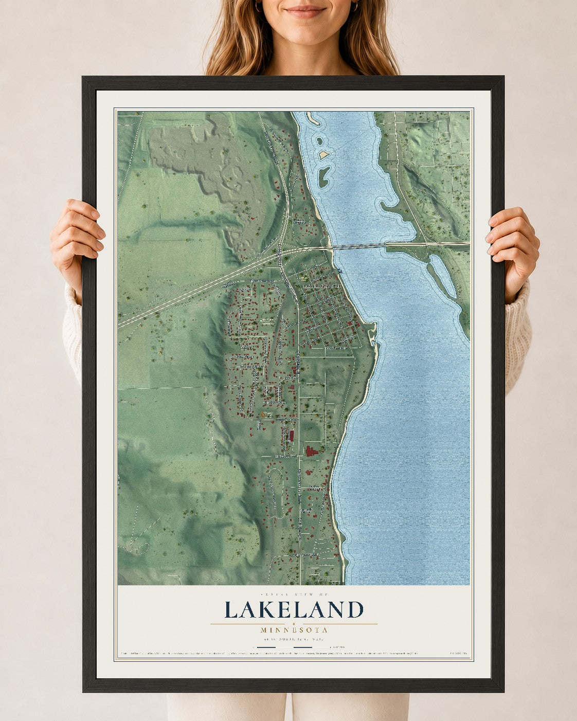 Map of Lakeland, Minnesota, 24 x 36 inch print in a black wood frame