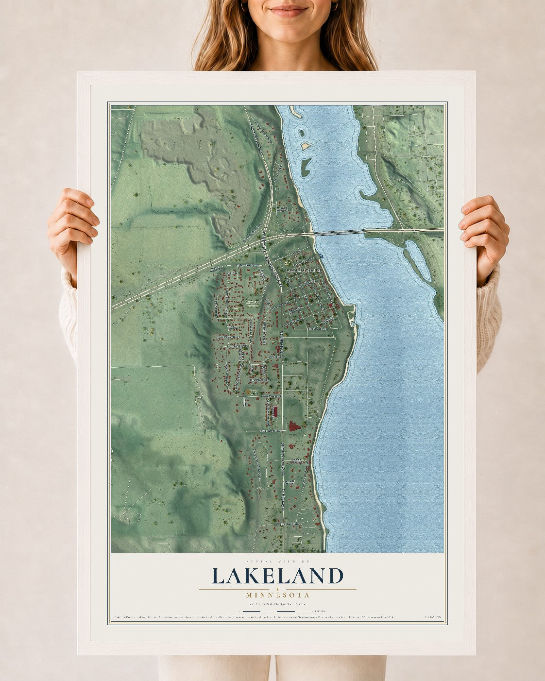 Map of Lakeland, Minnesota, 24 x 36 inch print in a white wood frame