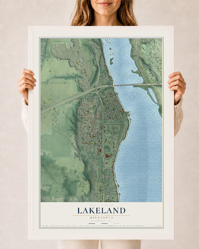 Map of Lakeland, Minnesota, 24 x 36 inch print in a white wood frame