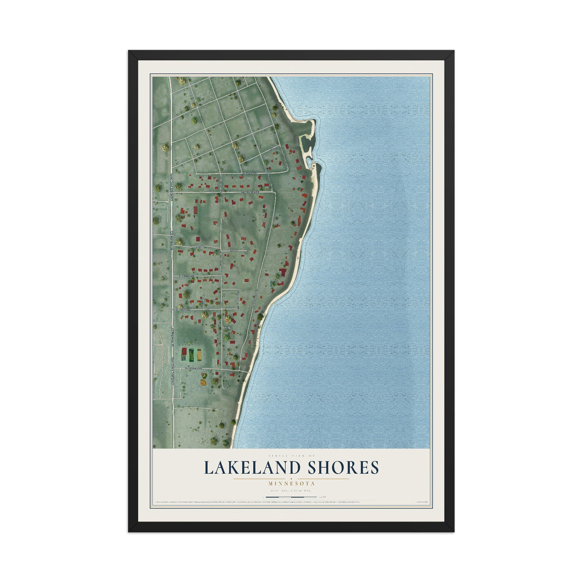 Map of Lakeland Shores, Minnesota, 12 x 18 inch print in a black wood frame