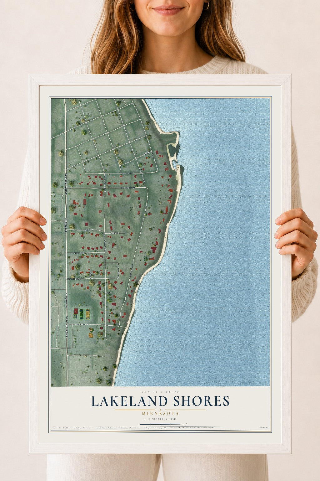 Map of Lakeland Shores, Minnesota, 18 x 24 inch print in a white wood frame