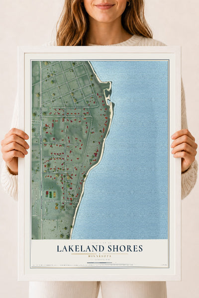 Map of Lakeland Shores, Minnesota, 18 x 24 inch print in a white wood frame