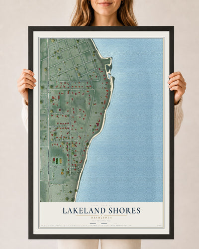 Map of Lakeland Shores, Minnesota, 24 x 36 inch print in a black wood frame