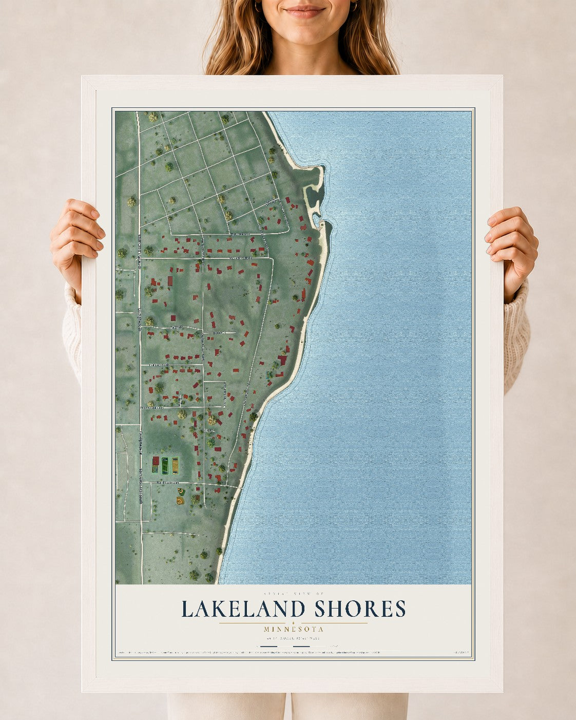 Map of Lakeland Shores, Minnesota, 24 x 36 inch print in a white wood frame