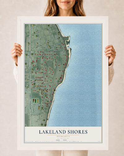Map of Lakeland Shores, Minnesota, 24 x 36 inch print in a white wood frame
