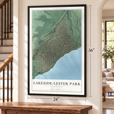 Lakeside-Lester Park, Minnesota map, 24 x 36 inch print in a black frame by a staircase
