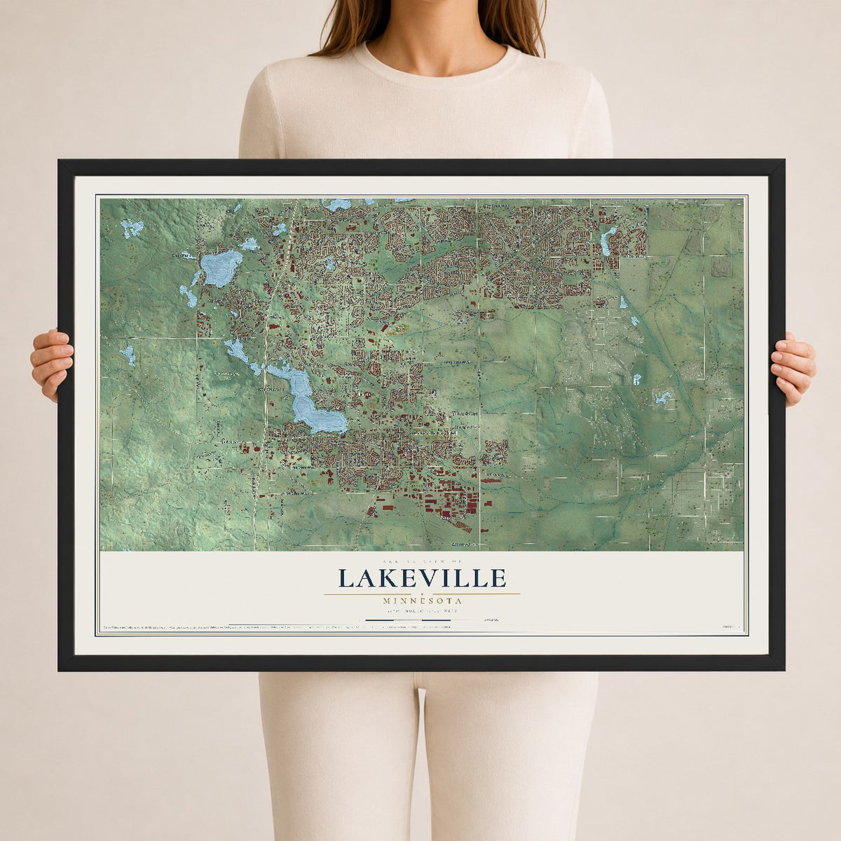 Map of Lakeville, Minnesota, 24 x 36 inch print in a black wood frame