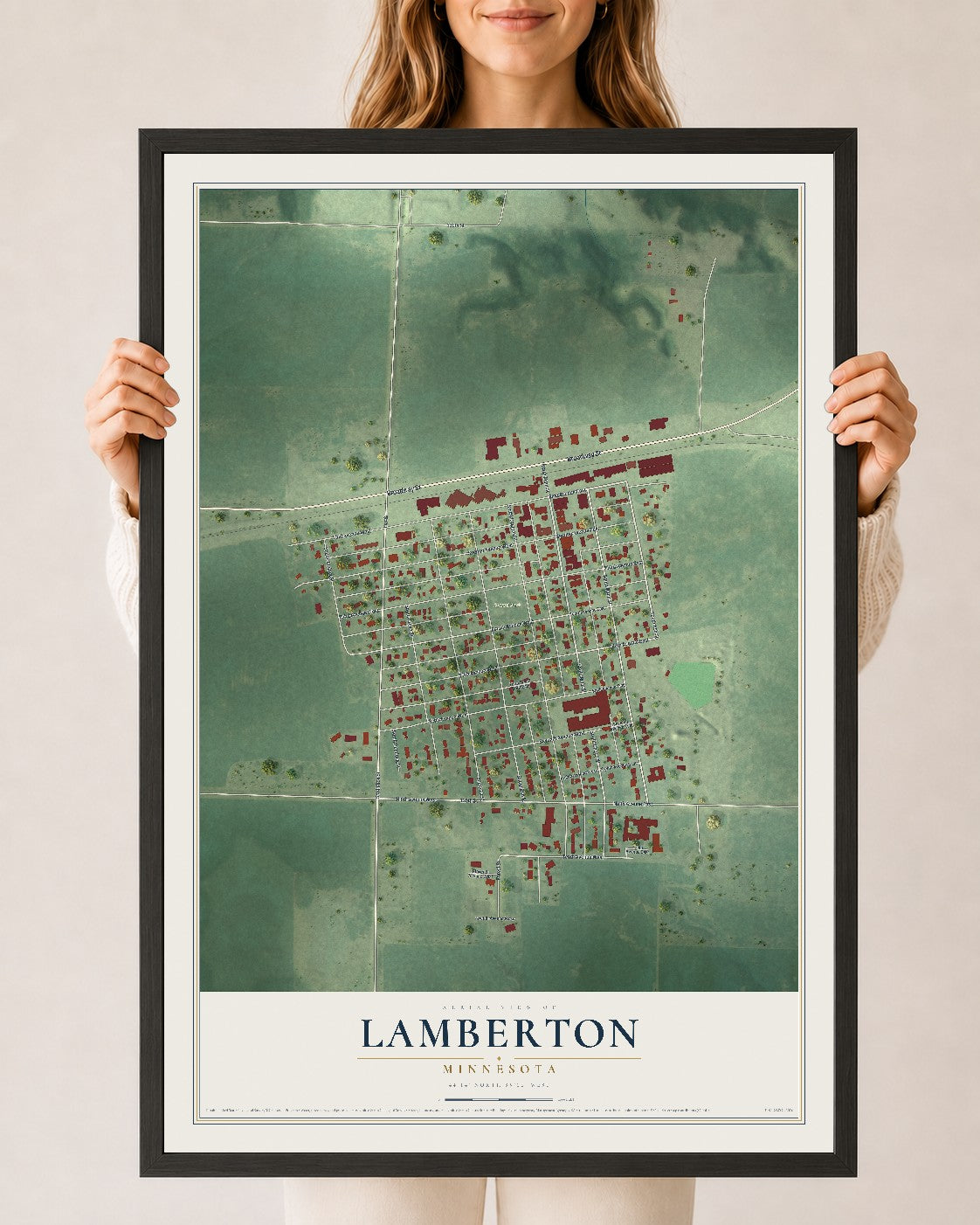 Map of Lamberton, Minnesota, 24 x 36 inch print in a black wood frame