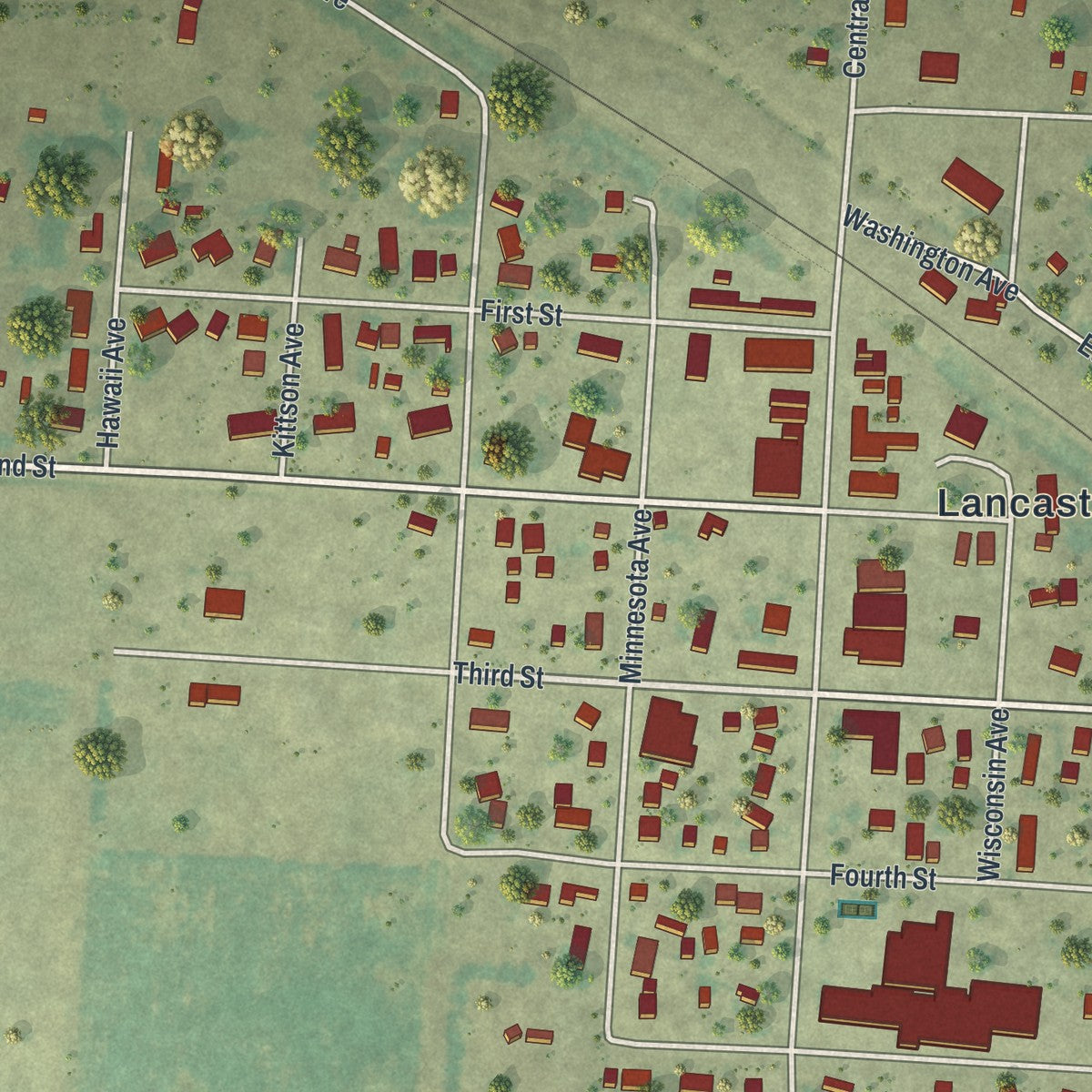 Close-up of the map of Lancaster, Minnesota print showing street and building detail